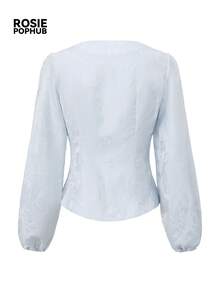 ROSIE POPHUB Women's Light Blue Jacquard V Neck Blouse, New Chinese Style Puff Long Sleeve Button Front Elegant Commute Top For Daily, Fall & Winter - Baby Blue - View 7