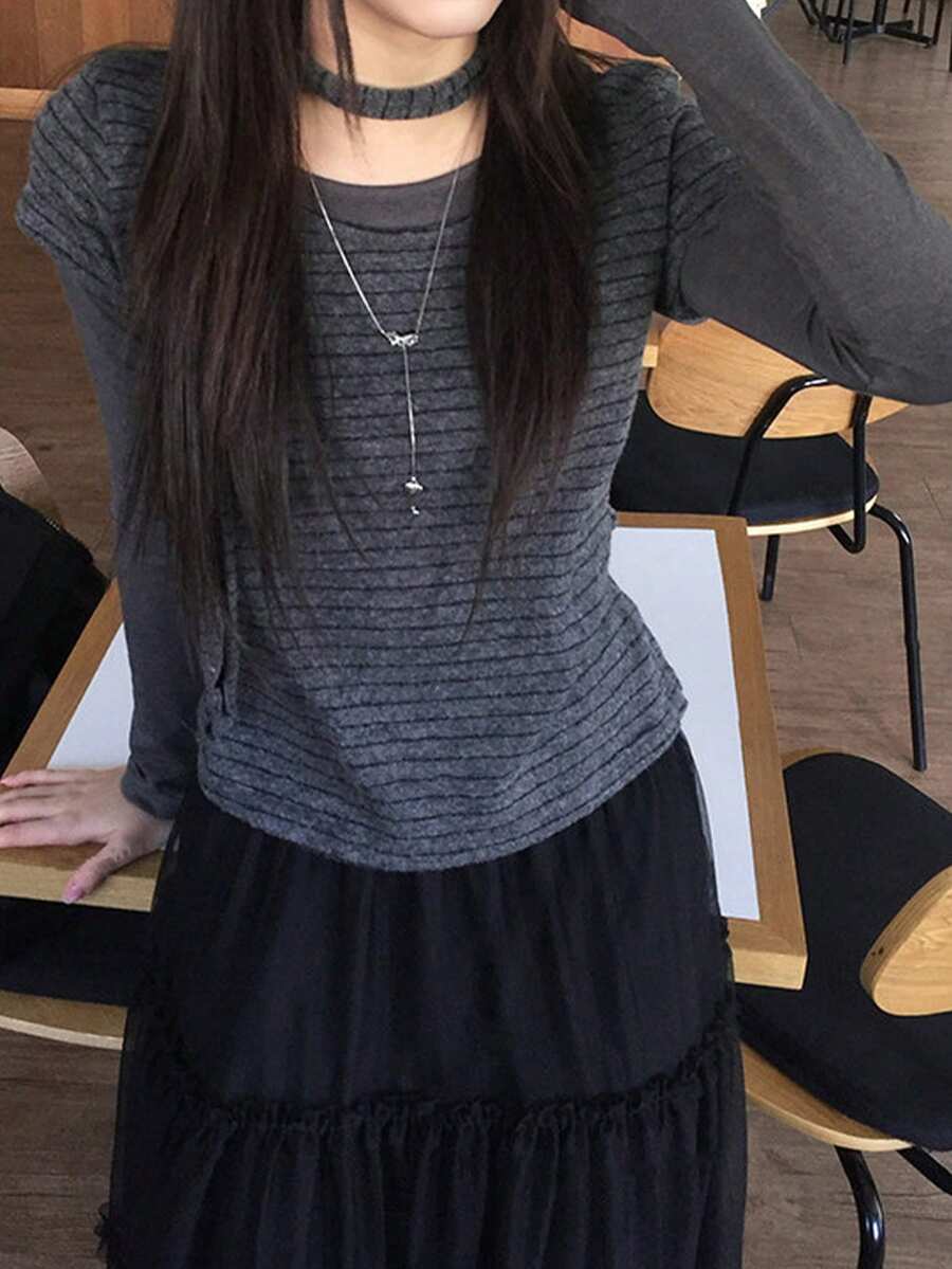 Women's Patchwork Striped 2 In 1 Long Sleeve Turtleneck Knit Base Layer Top, Korean Vintage Style - Grey - View 1