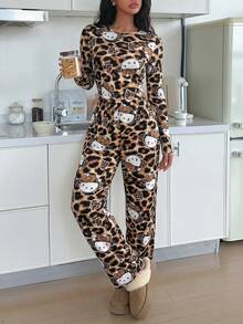 SANRIO Cute Pattern All-Over Print Home Set, Long Sleeve Crew Neck Cropped Top With High Waist Wide Leg Pajama Pants, Elastic Comfortable Fabric, Personalized Cartoon Print, Daily Home Wear, Fashion Loose Pajama Set For Girls - Multicolor - View 6