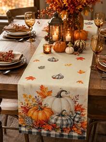 Thanksgiving Kitchen Decor Table Runner, Throw Pillow, Placemats, Autumn Black & White Plaid Pumpkin Maple Leaf Berry Pattern Table Runner, Farmhouse Rustic Vintage Style Dining Table Kitchen Decoration - Multicolor - View 2