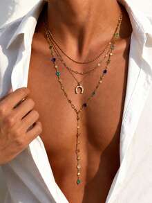 4pcs Vintage Bohemian Colorful Gemstone Y-Shaped Long Necklace, Multi-Layer Metal Gold Chain Horseshoe Pendant Necklace, Men's Fashion Accessory - Yellow Gold - View 1