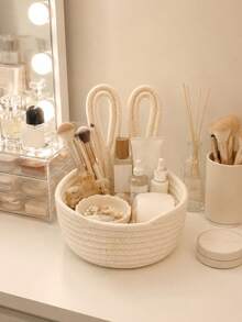 1pc 3D Rabbit Ear Storage Basket, Cream Style Desktop Organizer With Decorative Pom Poms, Suitable For Storing Small Accessories, Snacks And Sundries, Applicable For Bedroom, Living Room, Entryway And Bathroom - Multicolor - View 4
