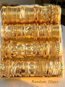 30/25/20/15/10/7pcs Multi-Layer Stackable Fashion Minimalist Elegant Exquisite Vintage Design Geometric Ribbon Flower Bead String Heart Smile Starburst Embossed Asymmetrical Texture Rhinestone Shiny Chain Twisted Rope Knot Line Metal Style Plain Bangle Bracelet Set, Holiday Vacation Party Date Gift, Daily Commute Wear, Personalized - Yellow Gold - View 7