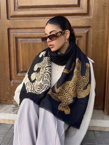 1pc Street Style Leopard Print Striped Plaid Fleece Warm Brown Scarf Shawl, Coffee Color Shawl - Black - View 4