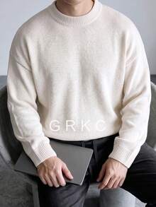 GRKC Sweater Pullover Rajut Polos Kerah Bulat Lengan Panjang Bahu Sedikit Turun Gaya Minimalis untuk Komuter Musim Semi Musim Gugur dan Musim Dingin Pria Wanita Base Layer Longgar Kasual Mudah Dipadupadankan - Aprikot - View 1