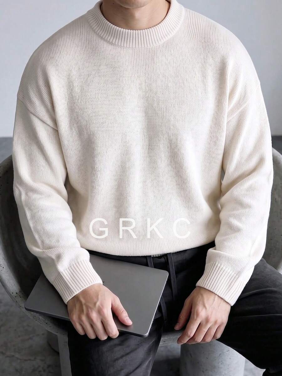 GRKC Sweater Pullover Rajut Polos Kerah Bulat Lengan Panjang Bahu Sedikit Turun Gaya Minimalis untuk Komuter Musim Semi Musim Gugur dan Musim Dingin Pria Wanita Base Layer Longgar Kasual Mudah Dipadupadankan - Aprikot - View 1