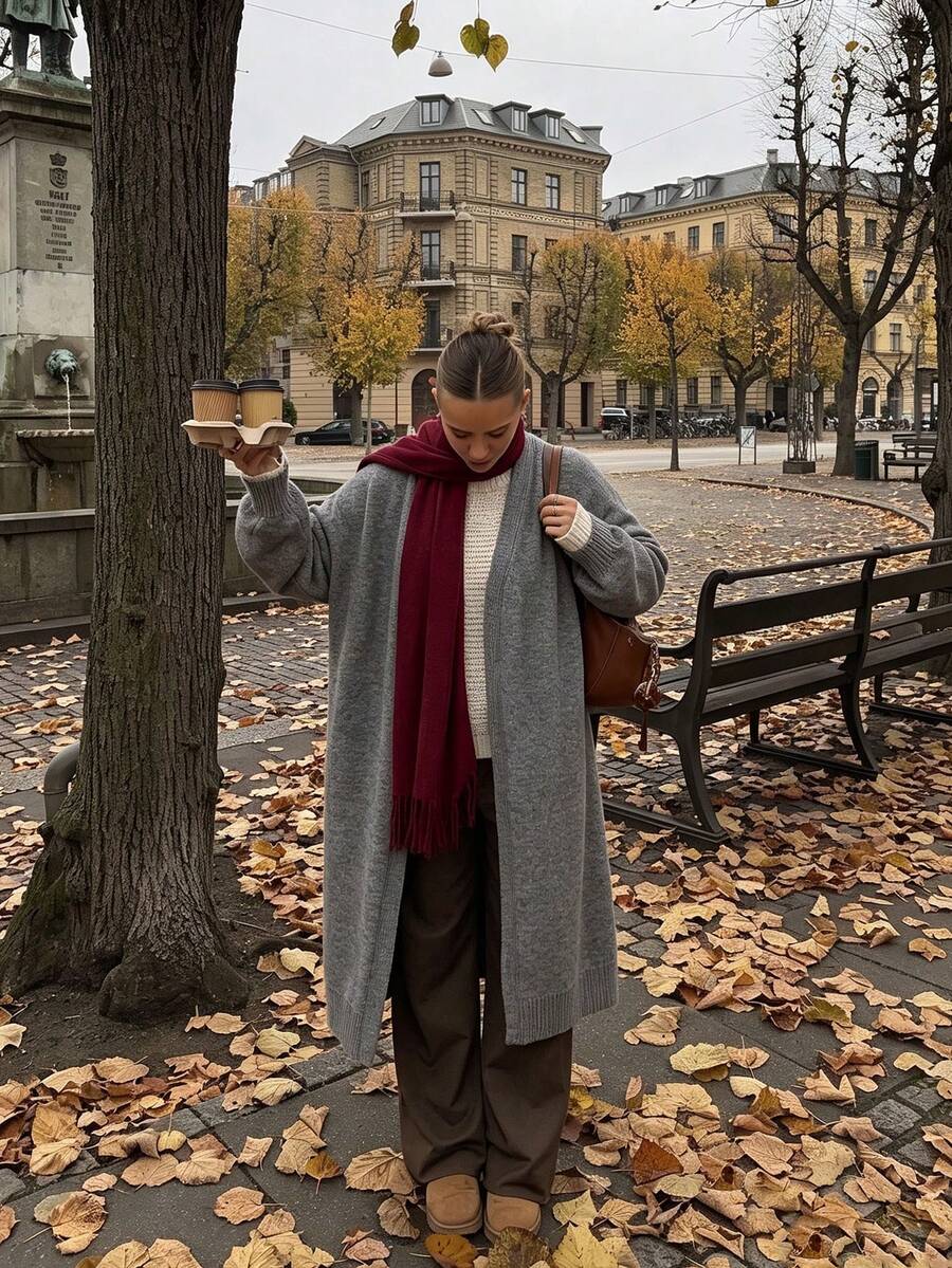 Grey Long V-Neck Sweater, Elegant Loose Fit Versatile Knit Cardigan, Suitable For Autumn Back To School And Commuting Outfits - Grey - View 1