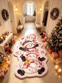 1pc, Christmas Pink Theme Three Snowmen Living Room Rug, Korean Ins Style Bedroom Decor Bedside Rug, Seasonal Decorative Mat, With Holiday Design, Christmas Decoration, Perfect Christmas Gift, Perfect Match For Christmas And New Year Celebration, Asymmetrical Shaped Lounge Rug, Decorative Rug, Bedroom Decor, Small Rug, Rug, Home Decor, Living Room Rug - Multicolor - View 2