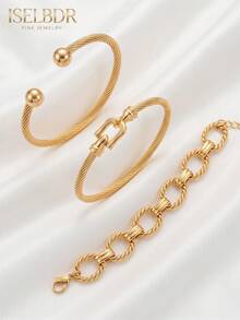 3pcs/Set 18K Gold Plated Stainless Steel Thick Twisted Wire Bracelet & Textured Oval Chain Bracelet Set, Waterproof Fade-Resistant Hypoallergenic Horseshoe Clasp Stackable Bracelet, Elegant Low-Key Luxury Autumn Jewelry Gift - Multicolor - View 8