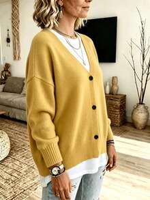 Plus Size Women Fall Winter V‑Neck Button Front Knit Cardigan, Drop Shoulder Long Sleeve Loose Soft Knit Casual Sweater Coat - Mustard Yellow - View 3