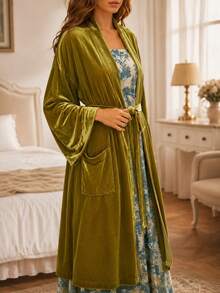 Scacto Women's Olive Green Velvet Long Robe Coat, Shawl Collar Belted Kimono Cardigan With Pockets, Elegant Loose Fit Vintage Boho Loungewear Outerwear - Olive Green - View 5