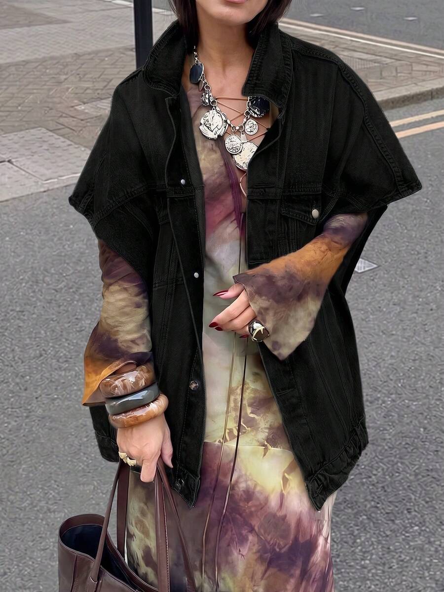 时尚百搭宽松翻领牛仔夹克,独特设计的短袖牛仔夹克,适合通勤休闲穿着,黑色,夏季百搭 - 黑色 - 查看 1