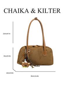 CHAIKA & KILTER 1件裝純色麂皮布料女款復古時尚啞光保齡球包，對比色絎縫縫線雙手柄設計，拉鍊開合，適合日常與外出使用 - 卡其色 - 查看 3