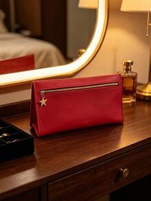 Portable Slim Red Travel Makeup Pouch Gold Zipper With Star Pendant Embossed Logo Toiletry Storage Cosmetic Case For Personal Use Or As A Gift - Givenchy Cosmetic Bag - Red - View 1