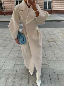 Mantel Panjang Wanita Warna Beige, Jaket Panjang Hangat Musim Dingin Berkancing Ganda, Mantel Panjang Selutut Longgar Kelas Atas, Cocok Untuk Bepergian, Kencan, Serbaguna - Aprikot - View 2