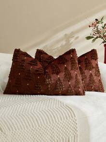 1/2pcs Brownish Red Christmas Tree & Star Pillow Covers (Pillow Insert Not Included), Modern Fashionable Comfortable Soft Faux Rabbit Fur Fabric Embroidered Pillow Covers, Suitable For Daily Home Decor, Sofa, Bed, Bedroom, Living Room, Decorative Pillow Covers, Daily Holiday Party Decoration, Suitable For All Seasons - Brown - View 6