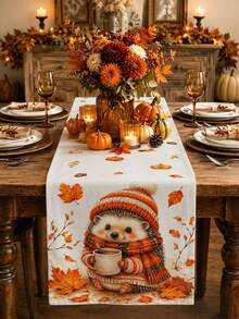 Thanksgiving Autumn Kitchen Decor Table Runner, Cute Hedgehog Knitted Sweater Pattern, Rustic Country Style, Thanksgiving Holiday Dining Table Decoration, Pumpkin Maple Leaf Pine Cone Candle Pattern, Tablecloth, Dining Room Kitchen Home Decor - Multicolor - View 1