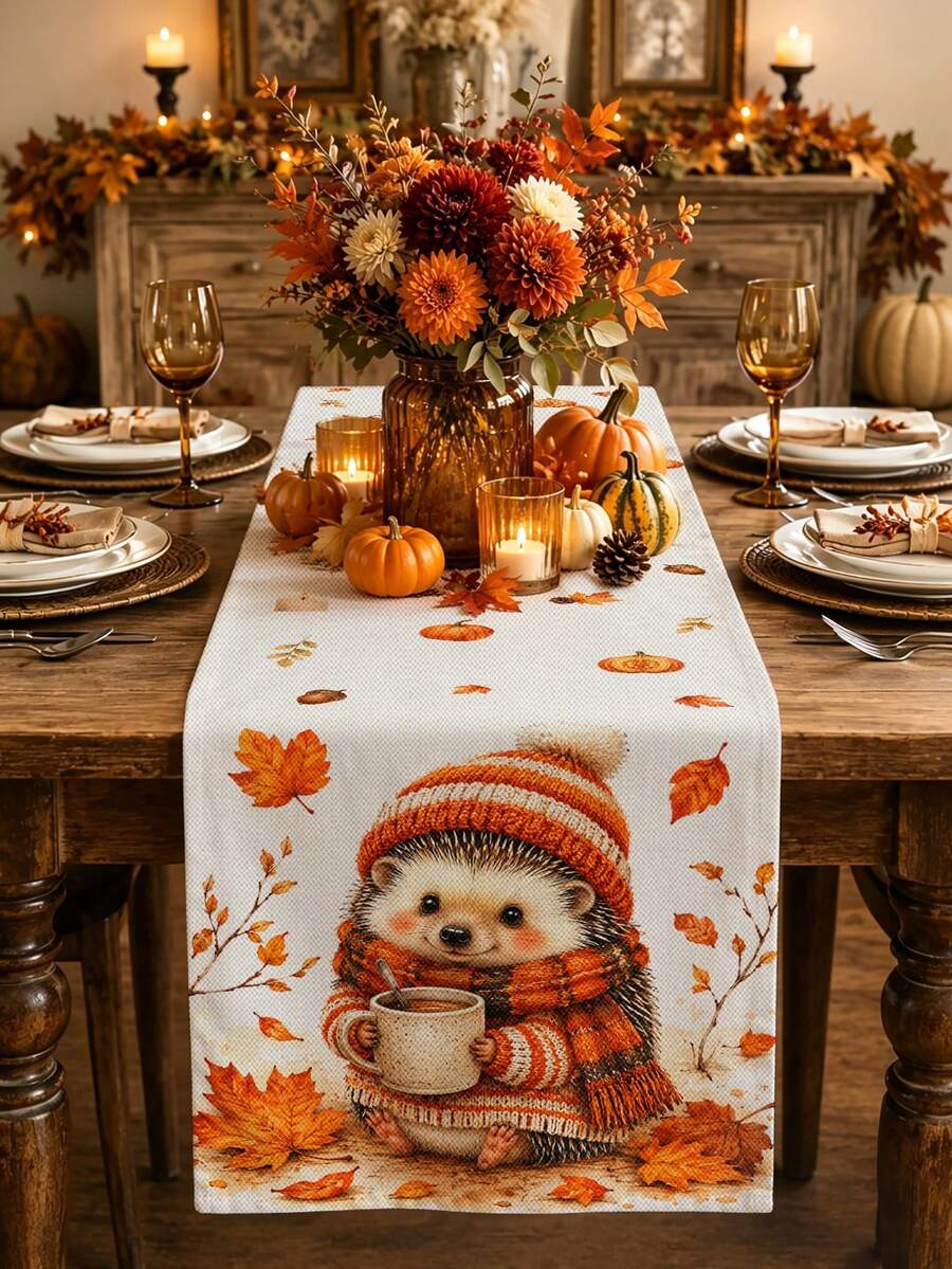 Thanksgiving Autumn Kitchen Decor Table Runner, Cute Hedgehog Knitted Sweater Pattern, Rustic Country Style, Thanksgiving Holiday Dining Table Decoration, Pumpkin Maple Leaf Pine Cone Candle Pattern, Tablecloth, Dining Room Kitchen Home Decor - Multicolor - View 1