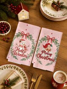 2PCS Kitchen Towels, Christmas Theme Pink Snowman & Santa Claus Pattern Dish Cloths, Minimalist Style 40*60cm Rectangular Microfiber Cleaning Kitchen Towels, Perfect For Kitchen, Dining Room And Bathroom Use, Christmas Kitchen Decor, Home Decor, Neighbor Housewarming Gift, Dish Cloths - Pink - View 5