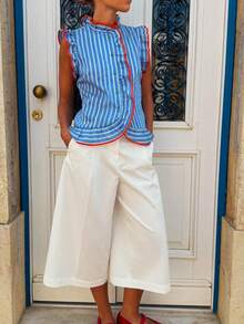 Women's Sweet Fashion Striped Colorblock Button-Up Top - Blue - View 3
