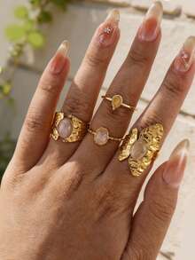 4pcs Vintage Pink Opal Rings For Women, Stainless Steel Gold Geometric Rings, Birthday Party Jewelry Gift - Multicolor - View 12