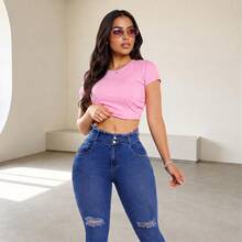 Plus Size Women's Slim Fit Denim Jeans, Long Washed Denim Jeans, High Elasticity Fabric, Frayed Waistline - Blue - View 5