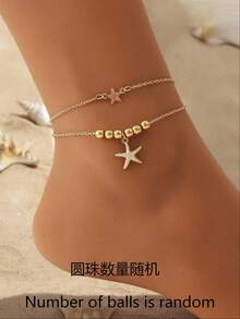 1件简约金色海星脚链，双层串珠脚链，女士夏季时尚饰品，送给她的完美礼物 - 金色 - 查看 7