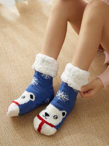 1 Pair Women's Fuzzy Socks, Thick Fleece Mid-Calf Socks, Christmas Gift For Women In Autumn And Winter - Blue - View 6