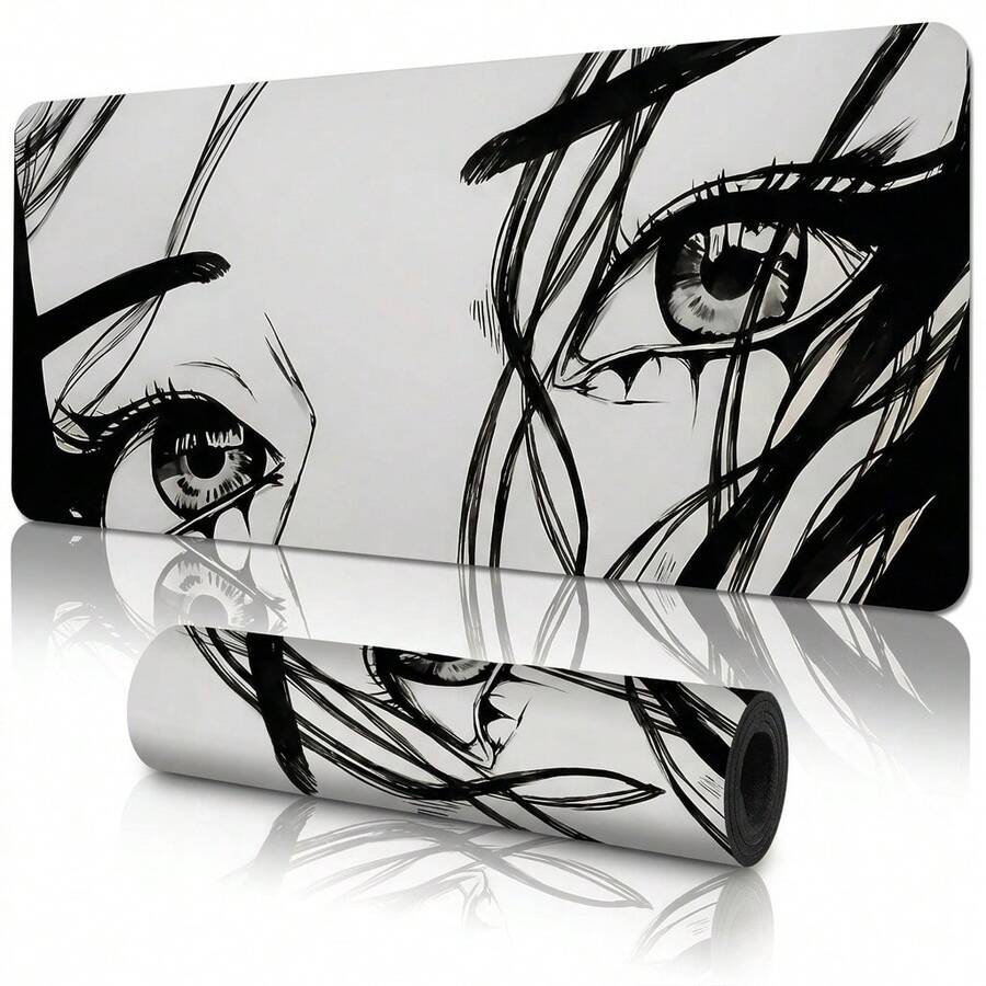 Tapis de souris de jeu avec art linéaire d'œil et de cils noir et blanc, tapis de bureau en caoutchouc antidérapant, surface de glissement lisse, convient pour PC, ordinateur portable, bureau, maison, décoration abstraite, fournitures de rentrée scolaire - A - Voir 1