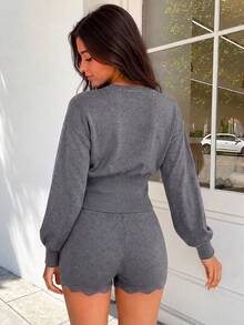 Teen Girl Fashion Casual Versatile Cardigan & Knit Shorts Set - Dark Grey - View 3