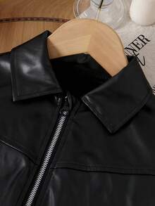 Young Girls 2pcs Set New Fashion Solid Color Minimalist Versatile Black Long Sleeve Zipper Lapel Leather Jacket And Black Knee-Length PU Leather Skirt Outfit - Black - View 4