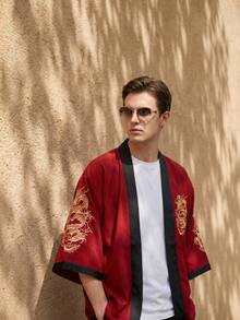 Men's Kimono Cardigan Print Casual Shirt, Red Dragon Pattern, Versatile Single Layer, Machine Washable - Red - View 4