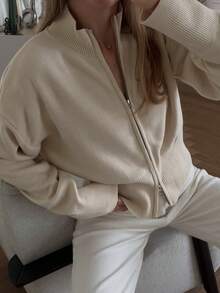 GLAMSKIN Women's Zip Up Knit Cardigan, Stand Collar Long Sleeve Loose Fit Sweater Jacket,Casual Ribbed Hem Knitted Outerwear For Fall Winter - Apricot - View 8