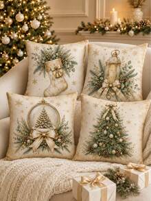 4pcs Elegant Christmas Pillow Covers, Champagne Gold Christmas Tree, Lantern, Crystal Ball And Christmas Stocking Print, Suitable For Sofa Bedroom Holiday Home Decor, Pillow Insert Not Included - Multicolor - View 5