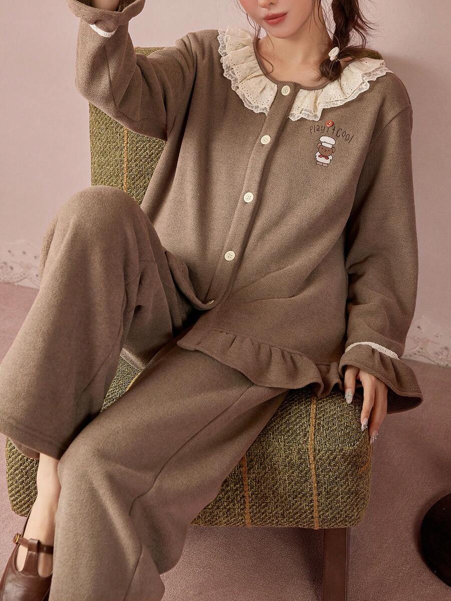 Gongdie 2pcs/Set Miffy Women's Fleece Pajama Set, Winter Brown Soft Warm Loungewear With White Lace And Ruffle Hem - Brown - View 1