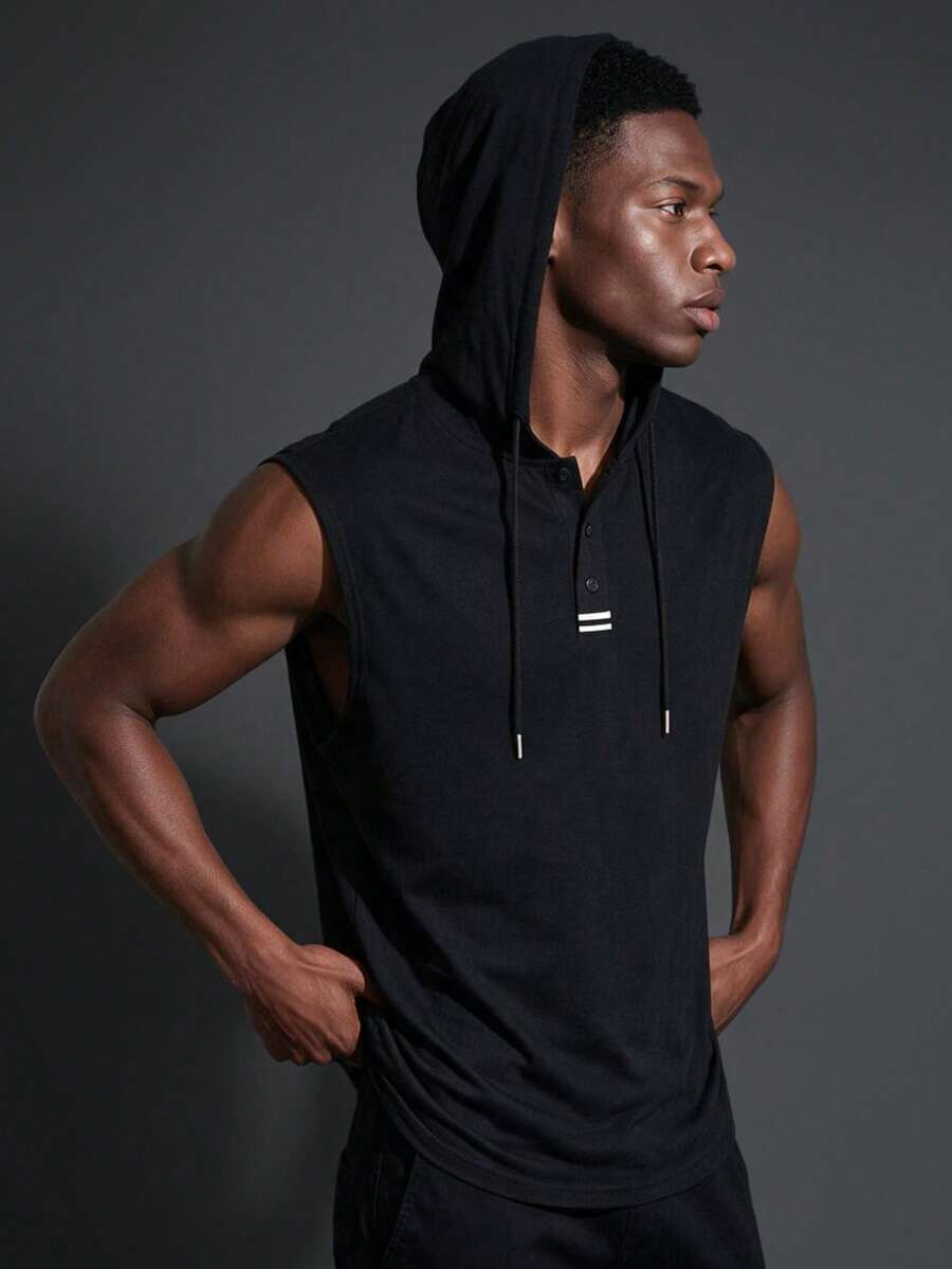 Camvyn Men's Summer Sports Casual Drawstring Hooded Tank Top, Suitable For Travel, Fitness And Daily Wear - Black - View 1