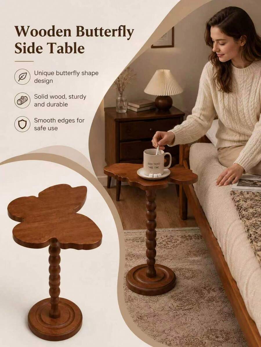 1pc French Vintage Butterfly Wooden Side Table, Low Table With Vintage Rotating Bearing Base, Suitable For Sofa, Bedroom Nightstand, Living Room Decor And Other Scenes, Small Decorative Drink Table, Round Base Design, Combining Practicality And Aesthetics - Multicolor - View 1