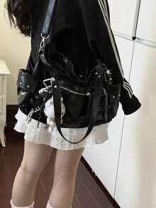 1CP Fashion Personalized Streetwear One Shoulder Bag Y2K Hot Girl Tote Bag High-End Large Capacity Student Vintage Fashion Rivet Motorcycle Bag Casual Versatile Underarm Bag Minimalist Commuter Crossbody Bag, Suitable For Daily Work, Campus, Shopping, Travel, Commuting - Multicolor - View 6