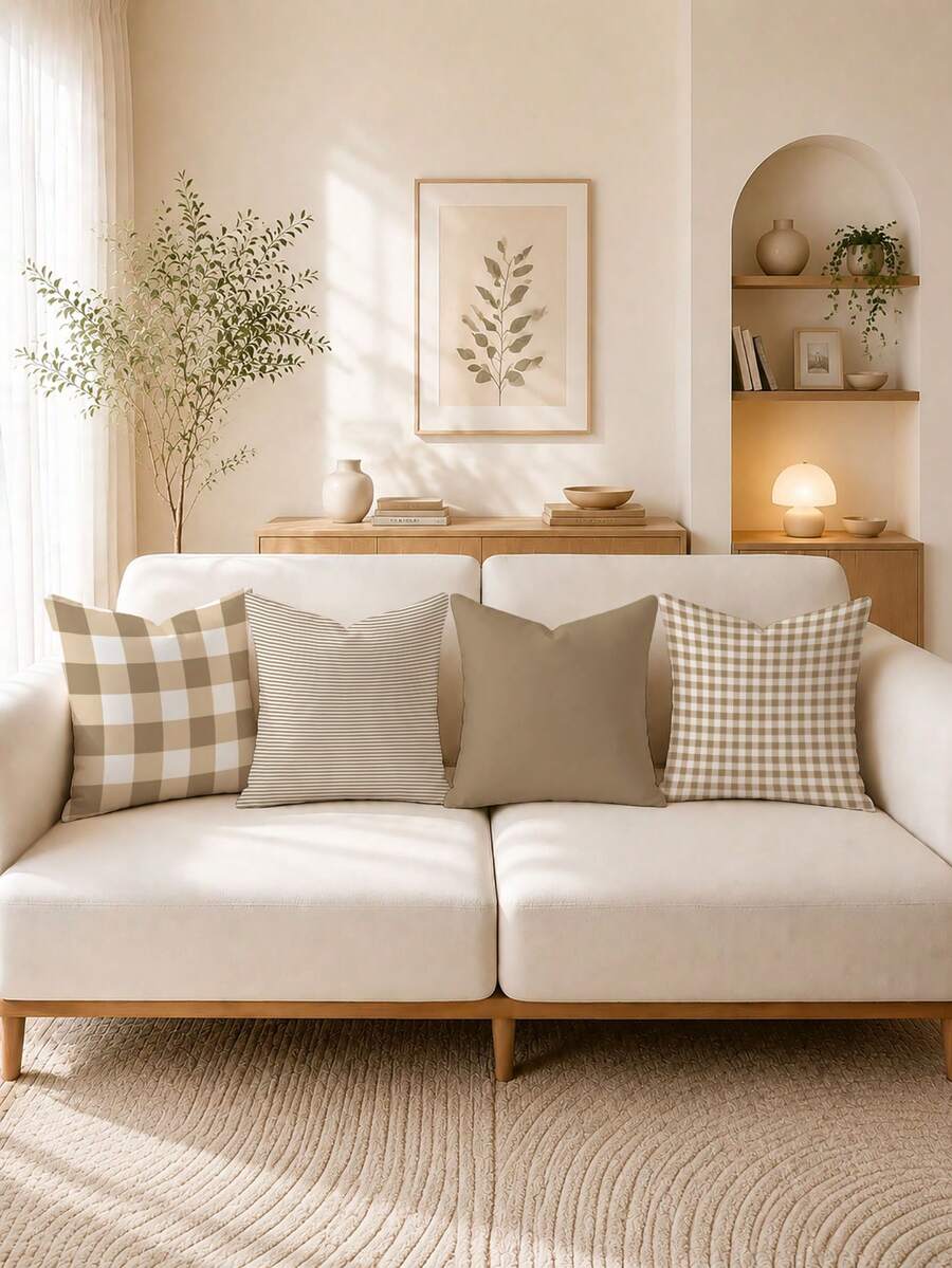4pcs Beige Striped Pillow Covers, Super Soft & Comfortable, Best Selling, Home Decor Throw Pillow Covers For Sofa, Living Room, Bedroom, Without Pillow Insert - Beige - View 1