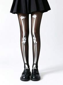 1 Pair Dark Theme Halloween Skeleton Pattern Tights, Black Leggings, Party Versatile Stockings For Kids - Black and White - View 3