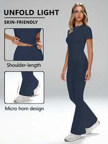 FWH Energetic Casual Style Casual Light Sporty Style, Women's Short Sleeve T-Shirt + Flared Pants Two Pieces Set Summer Sports - Navy Blue - View 1