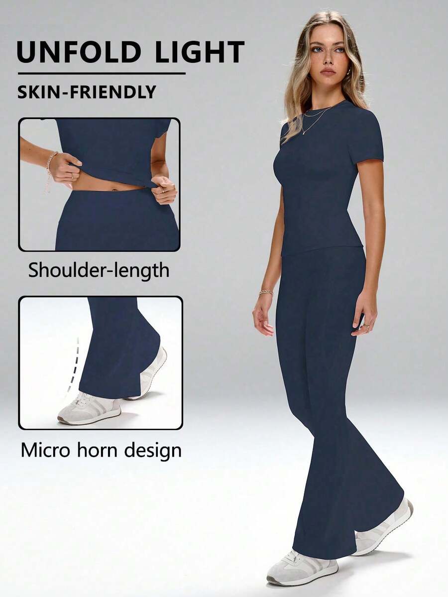 FWH Energetic Casual Style Casual Light Sporty Style, Women's Short Sleeve T-Shirt + Flared Pants Two Pieces Set Summer Sports - Navy Blue - View 1