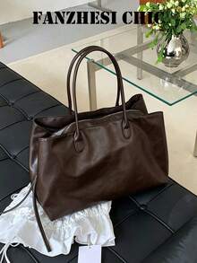 Classic Coffee Textured Tote Bag, Handheld & Shoulder Carry, Open Top, Large Capacity, Minimalist Luxury Style, Women's Daily Commute & Shopping Tote Bag - Coffee - View 8