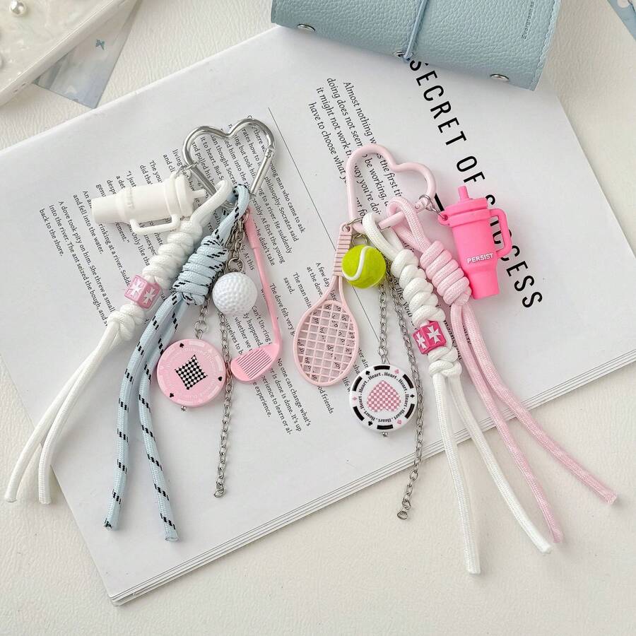 Sports Style Tennis & Golf Racket Keychain, Handmade Braided Rope Bag Charm, INS Sweet Girl Backpack Pendant, Perfect Gift For Girlfriend - Multicolor - View 1