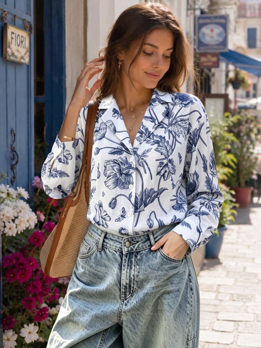 Women's Vintage Floral Print Button Front Notch Lapel Long Sleeve Shirt For Business, Office, Commute, Vacation, Holiday, Spring Fall Winter - Blue - View 1