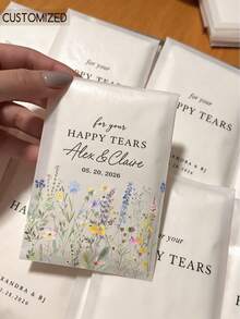 客製化 Happy Tears 婚禮面紙，可印姓名與日期，花卉口袋面紙包，婚禮儀式伴手禮，新娘紀念禮物 - 彩色 - 查看 2