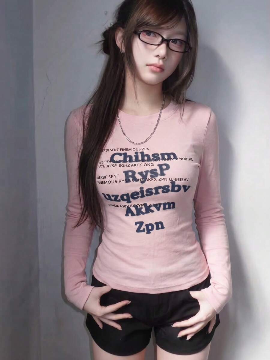 Vintage Niche Letter Print Long Sleeve T-Shirt Women's American Style Crew Neck Regular Shoulder Top Pink - Pink - View 1