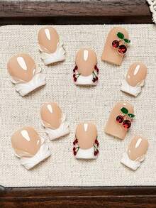 10pcs Handmade Short Square Nail Tips, Yellow-Green Marble French Edge, Fresh Gradient, 3D Metallic Flower, Wavy Texture Gel-X Nails, Pearl Gold Bead Pattern Tips, Suitable For Party And Wedding - Multicolor - View 4