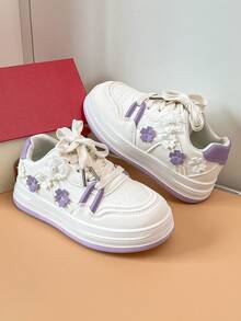 Girls Low-Top Casual Sneakers With 3D Floral Decor, Versatile Lace-Up Shoes For Toddlers And Young Children - View 3