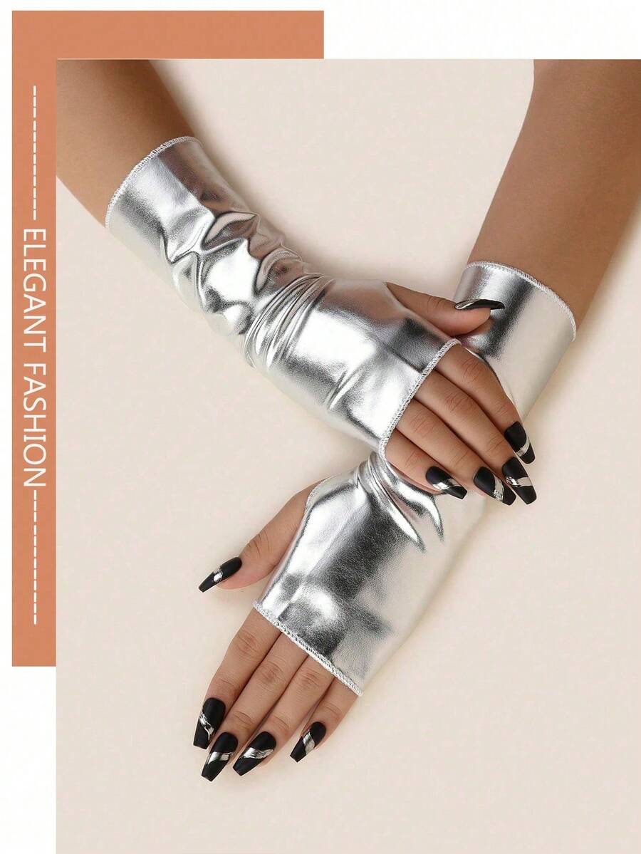 1 Pair Fashionable Versatile Red Sequin Stage Performance Party Formal Gloves, Warm,Travel,Festival,Camping - Silver - View 1